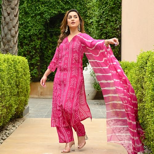 ANNI DESIGNER Womens Rayon Blend Straight Bandhej Printed Kurta with Pant & Dupatta (Baghira Pink_S_Pink_Small)