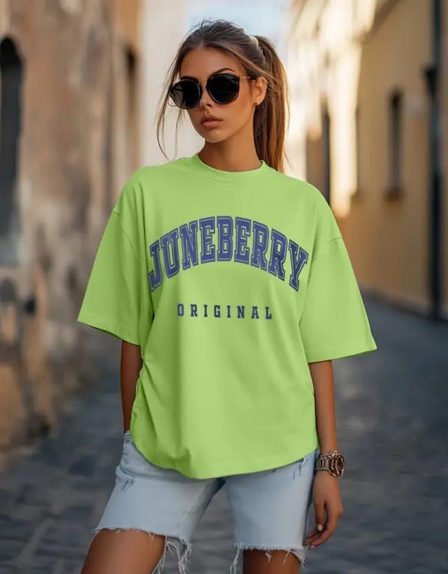 Juneberry 100% Pure Cotton Oversized Drop Shoulders Brand Logo Typography Print Round-Neck Relaxed Fit Green T-Shirt For Women (
