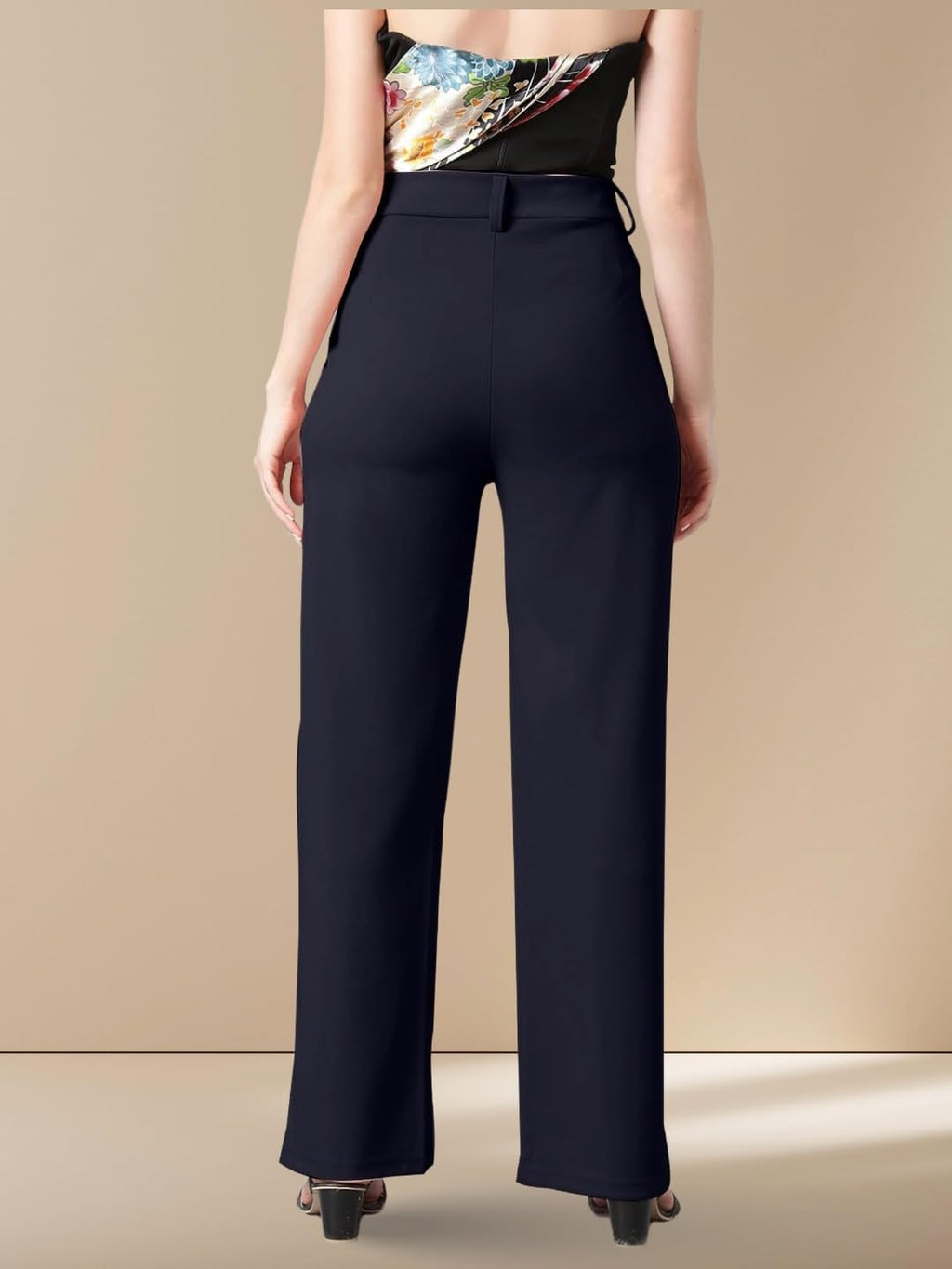 Kotty WomenS High Rise Cotton Blend Relaxed Fit Trousers Navy Blue