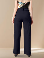 Kotty WomenS High Rise Cotton Blend Relaxed Fit Trousers Navy Blue