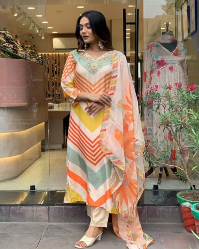 ANNI DESIGNER Womens Cotton Blend Straight Printed Kurta with Pant & Dupatta (Dhimi Cream_S_Cream_Small)