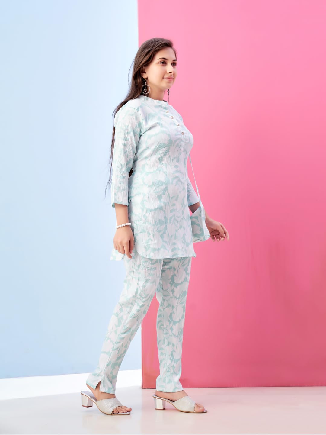 Aarika Girls Casual Wear Sea Green Colour Floral Print Polyester Co-ord Set-8-15 Years (KP-TR-K-967)