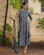 ANNI DESIGNER Womens Rayon Blend Anarkali Printed Kurta with Pant & Dupatta (Junapith Blue_L_Blue_Large)