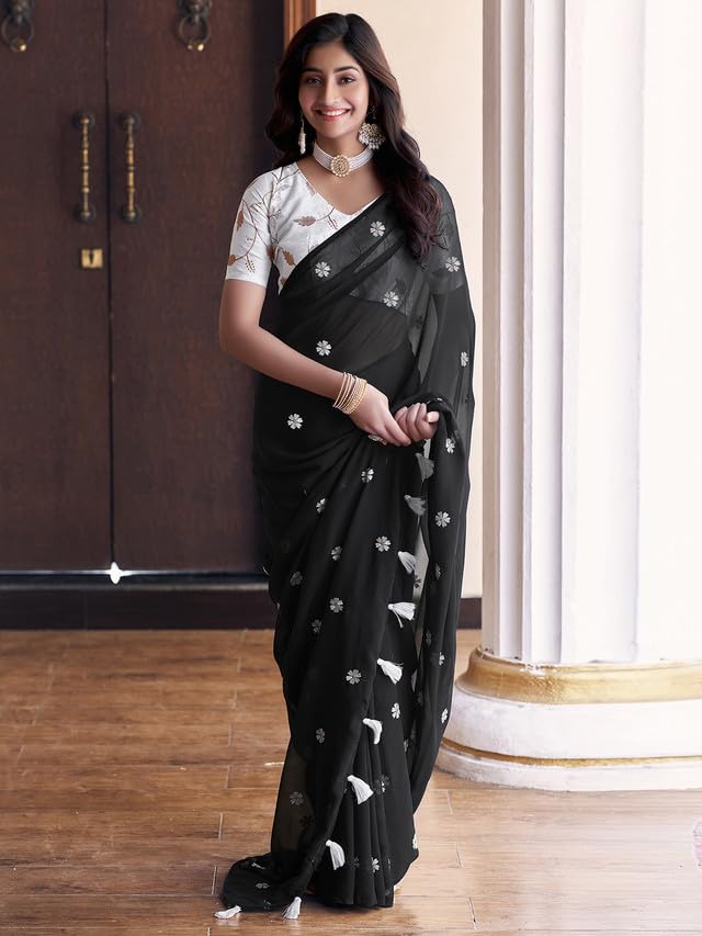 Satrani Womens Georgette Embroidery Saree with Unstitched Blouse Piece