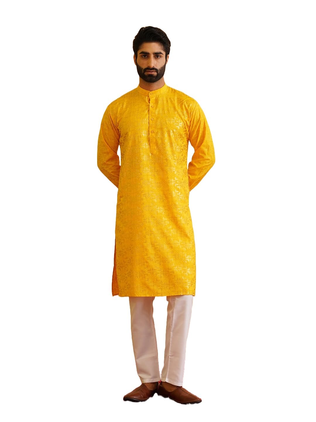 SOJANYA (Since 1958 Mens Cotton Foil Gold Printed Mustard Kurta with Churidaar Pyjama