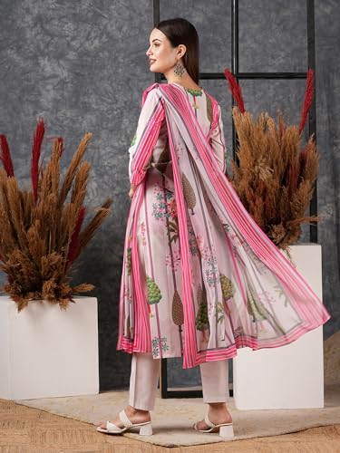 ANNI DESIGNER Womens Cotton Blend Straight Printed Kurta with Pant & Dupatta (Darur Pink_M_Pink_Medium)