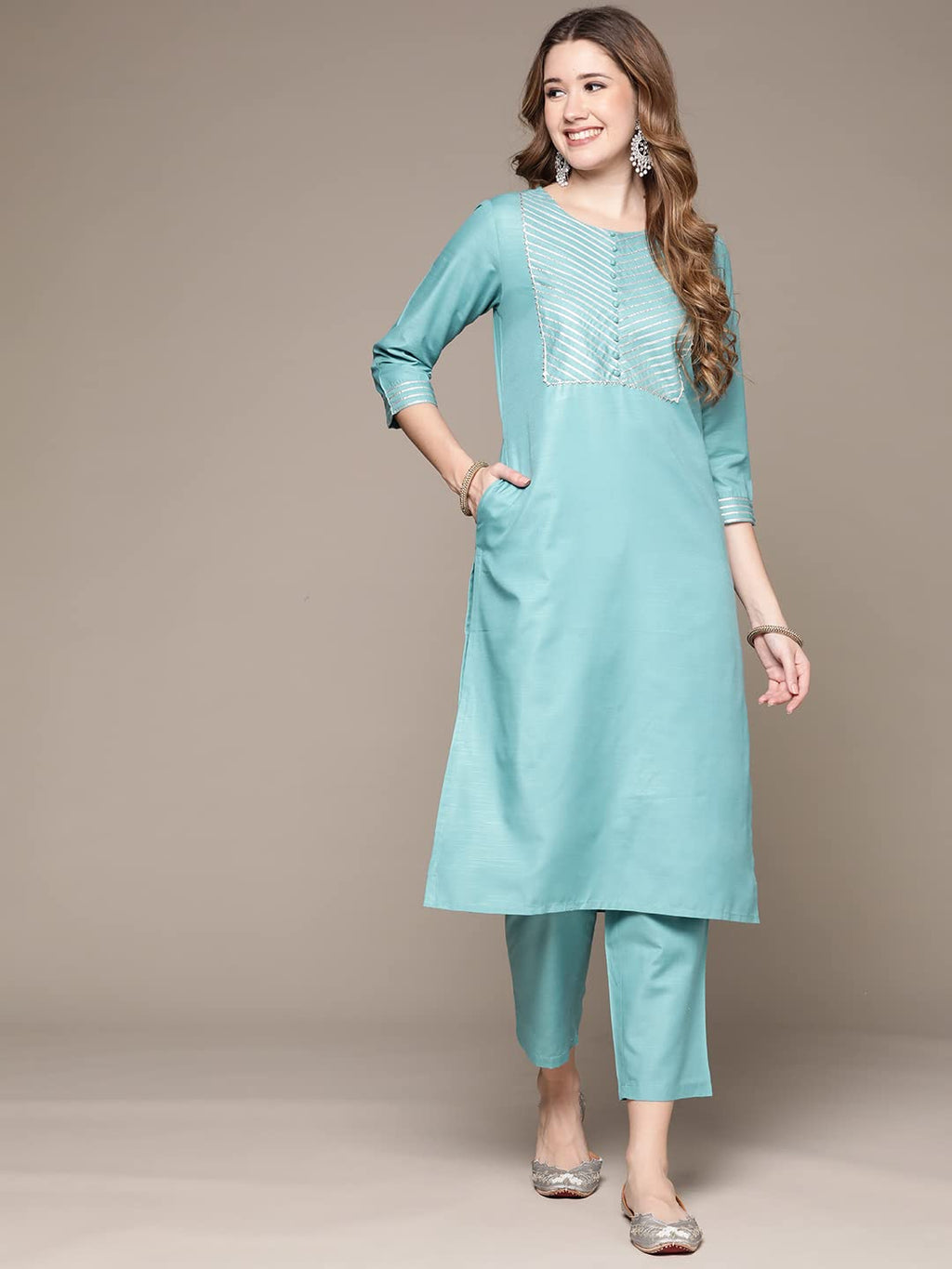 Anubhutee WomenS Cotton Sky Blue Gota Patti Work Solid Straight Kurta Suit Set With Trousers