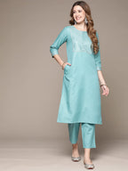 Anubhutee WomenS Cotton Sky Blue Gota Patti Work Solid Straight Kurta Suit Set With Trousers