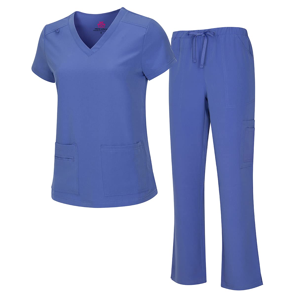 Natural Uniforms Womens cool Stretch V-Neck Top and cargo Pant Set (ceil Blue, Small)