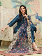Ishin Notch Neck Thread Work Silk Crepe Straight Kurta With Trousers & Dupatta | Kurta Set For Women | Kurta With Trousers And D
