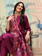 Ishin Notch Neck Silk Crepe Straight A-Line Kurta With Trousers & Dupatta | Kurta Set For Women | Kurta With Trousers And Dupatt