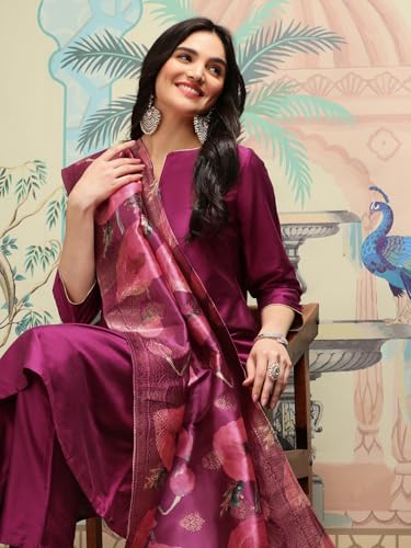 Ishin Notch Neck Silk Crepe Straight A-Line Kurta With Trousers & Dupatta | Kurta Set For Women | Kurta With Trousers And Dupatt