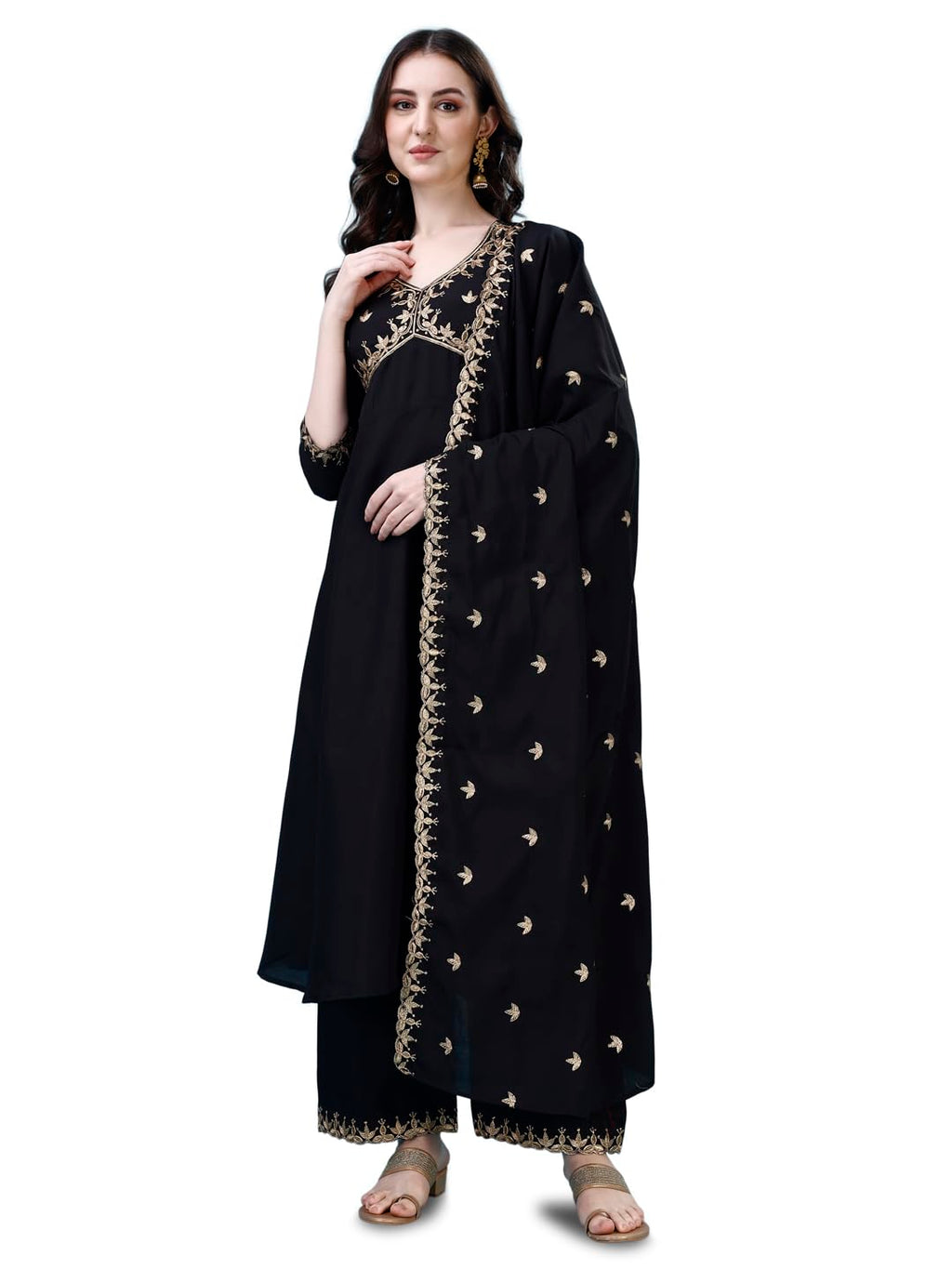 Pratham Blue Kurta Set for Women Silk Embroidered Anarkali Kurta Set for women with Palazzos and Dupatta (PB-6167-S_Black)