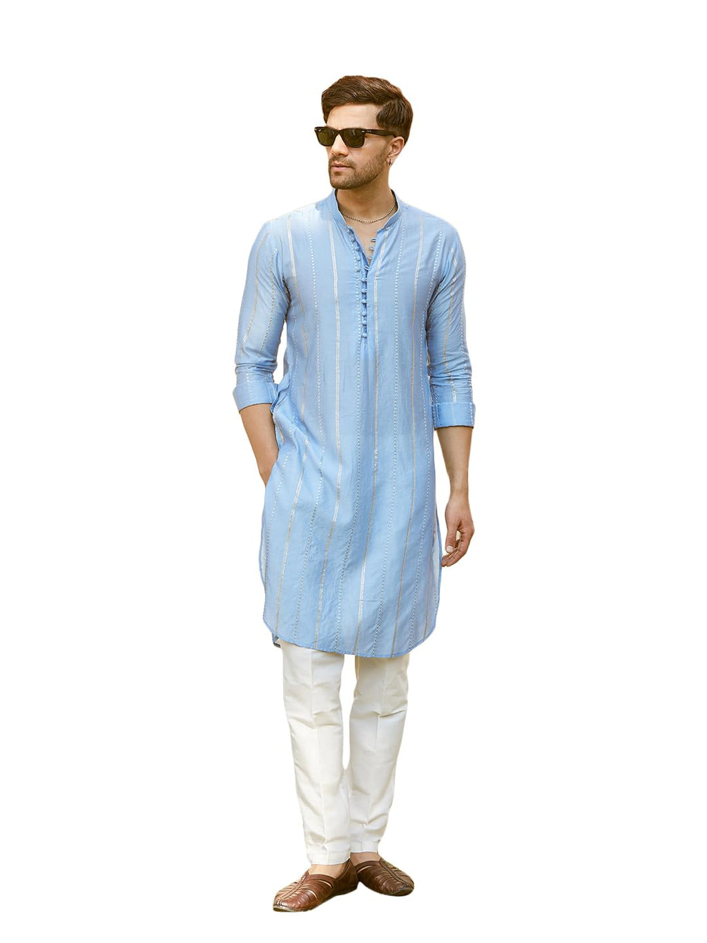 See Designs Men Full Sleeve Turquoise Blue Chanderi Silk Sequins Cotton Mandarin Collar Side Slit Kurta With Pyjama - Sd2Mkt_144