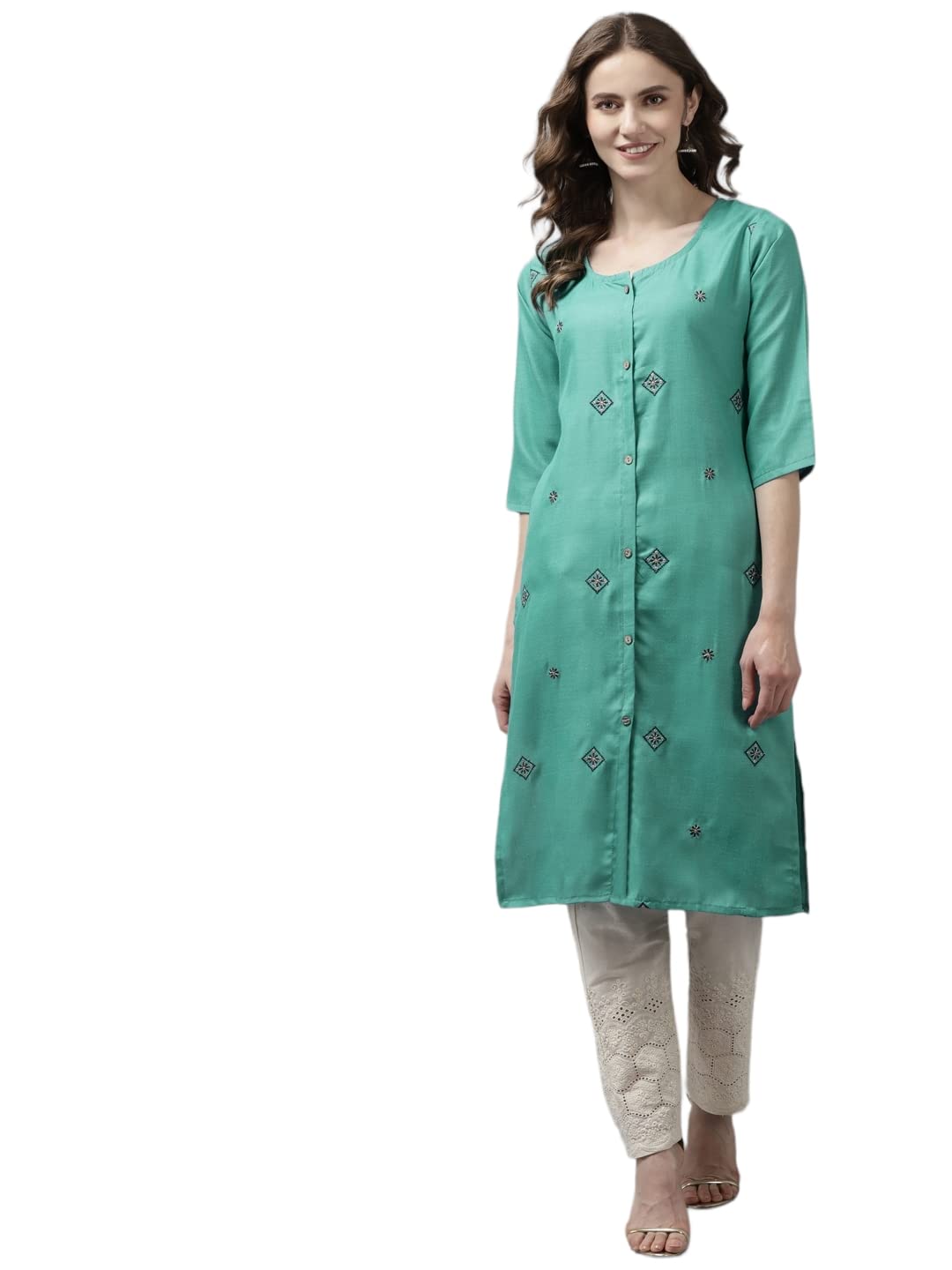 Aarika Womens Turquoise Color Cotton Embroidery Kurti (Kurti-W-Mg-9065-Green-Xxl)