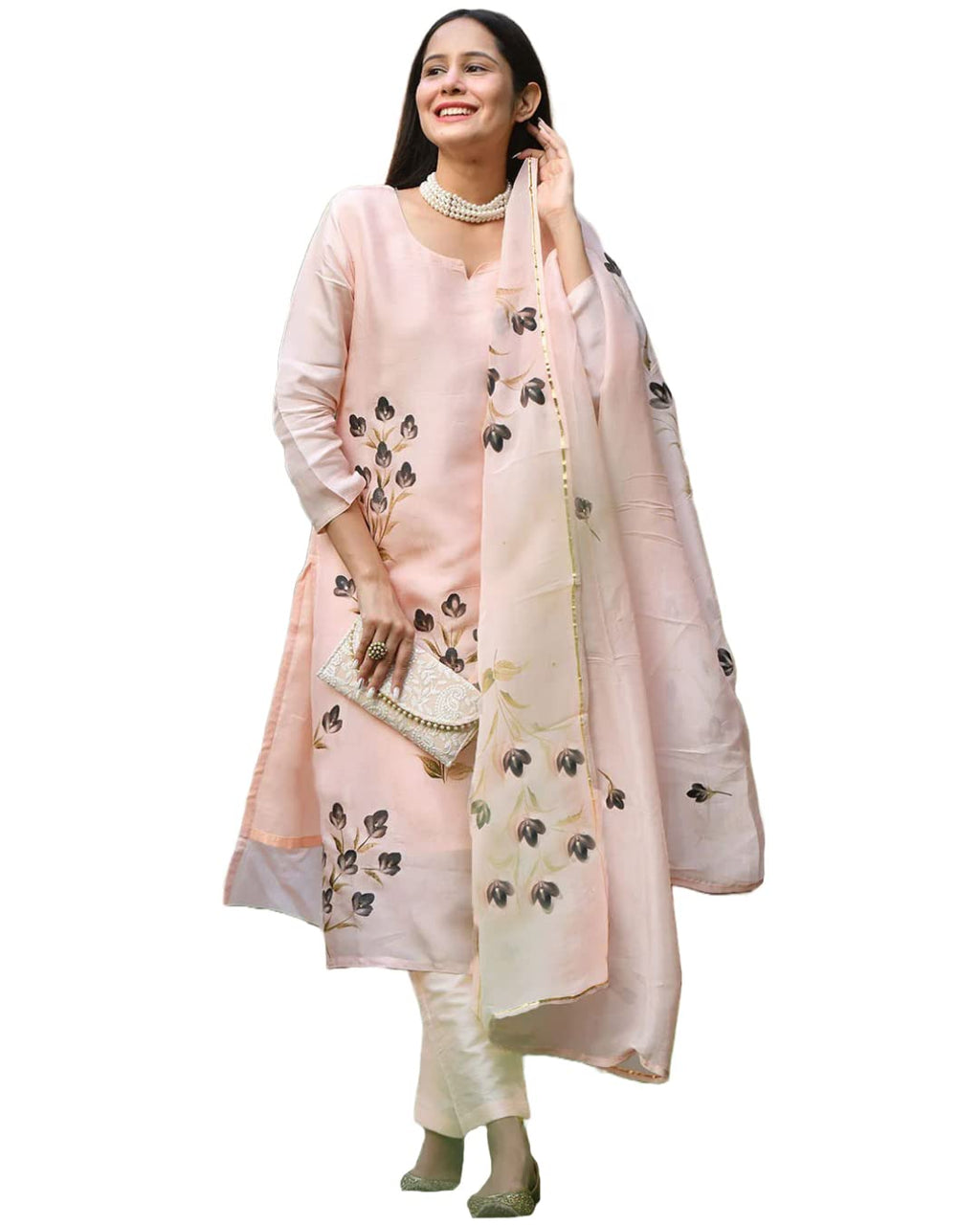 ANNI DESIGNER Womens Cotton Blend Straight Printed Kurta with Pant & Dupatta (BRUSH-PEACH_M_Peach_Medium)