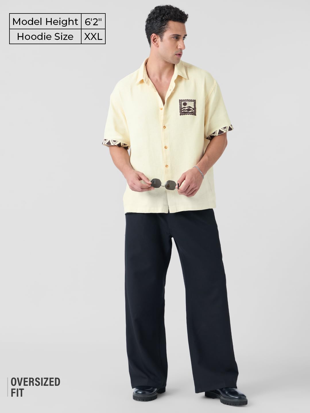 The Souled Store Oversized Shirt: Scenic Men and Boys Short Sleeves Collared Neck Button Front Off White Embroidered Cotton Over