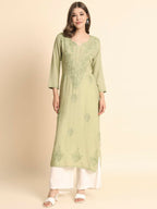 VAIRAGEE Womens Rayon Straight Cut Round Neck Kurta with Beautiful Lucknowi Chickenkari Work (1593) Olive Green