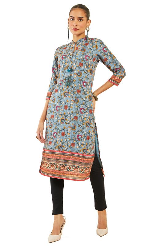 Soch Womens Grey Polyester All-Over Kalamkari Print Straight Kurta With Tassels