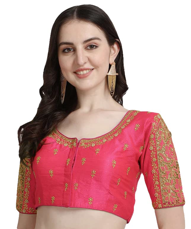 Pujia Mills Womens Silk Floral Half Sleeve Regular Blouse (Gulab Gajri 38)