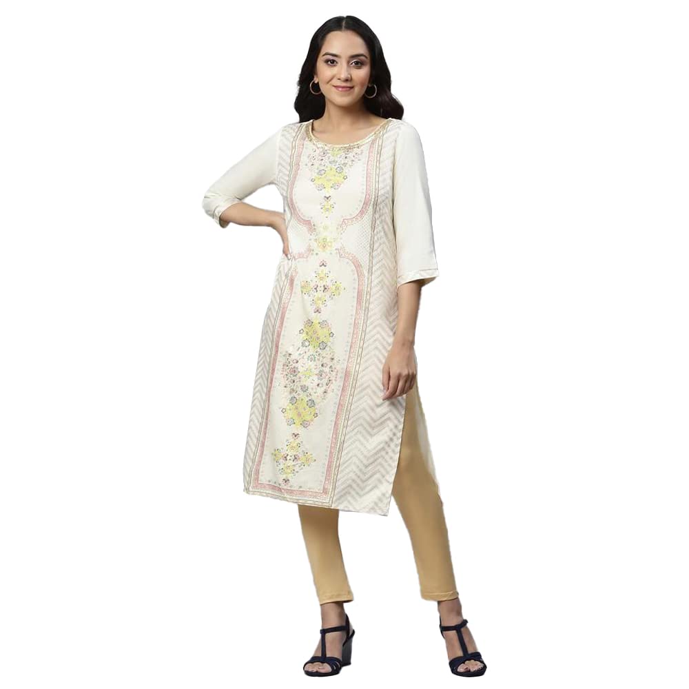 Aurelia Floral Viscose Rayon Round Neck Women'S Kurtas (White, Extra Small)
