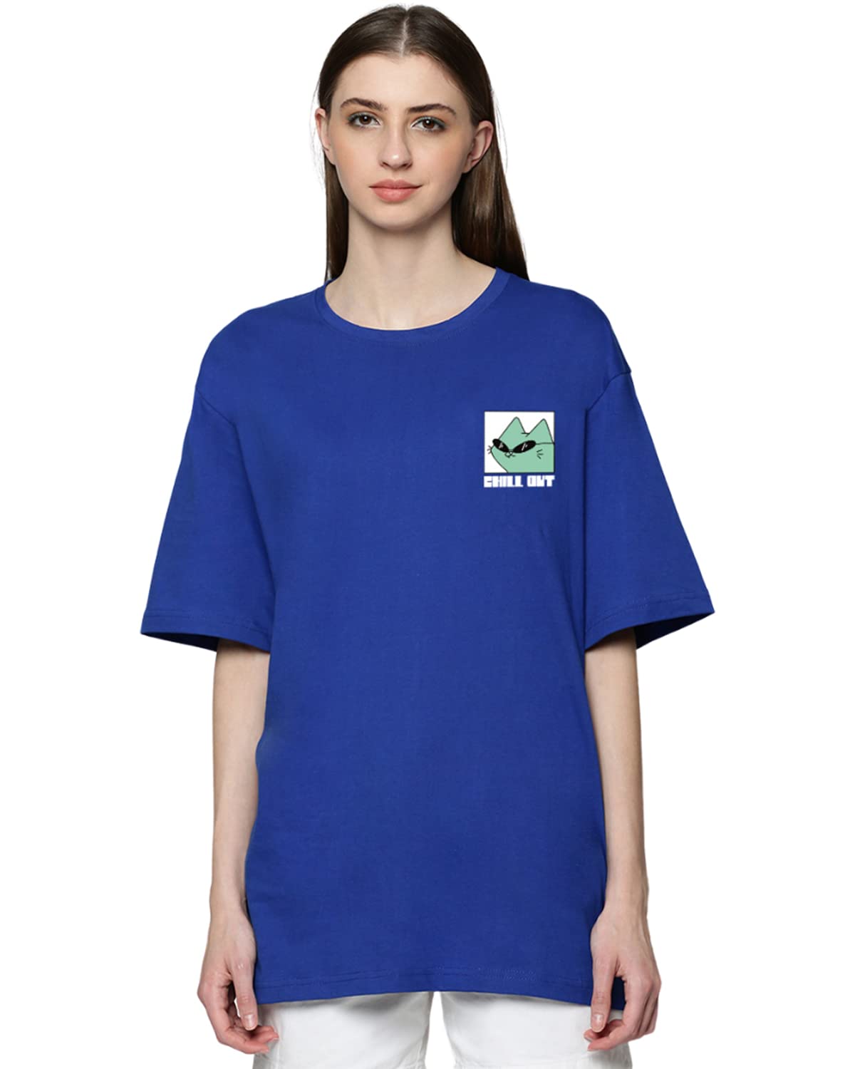 Veirdo Women's Oversize Loose Baggy Fit Drop Shoulder and Chill Out Pocket Print Design Short Sleeve T-Shi