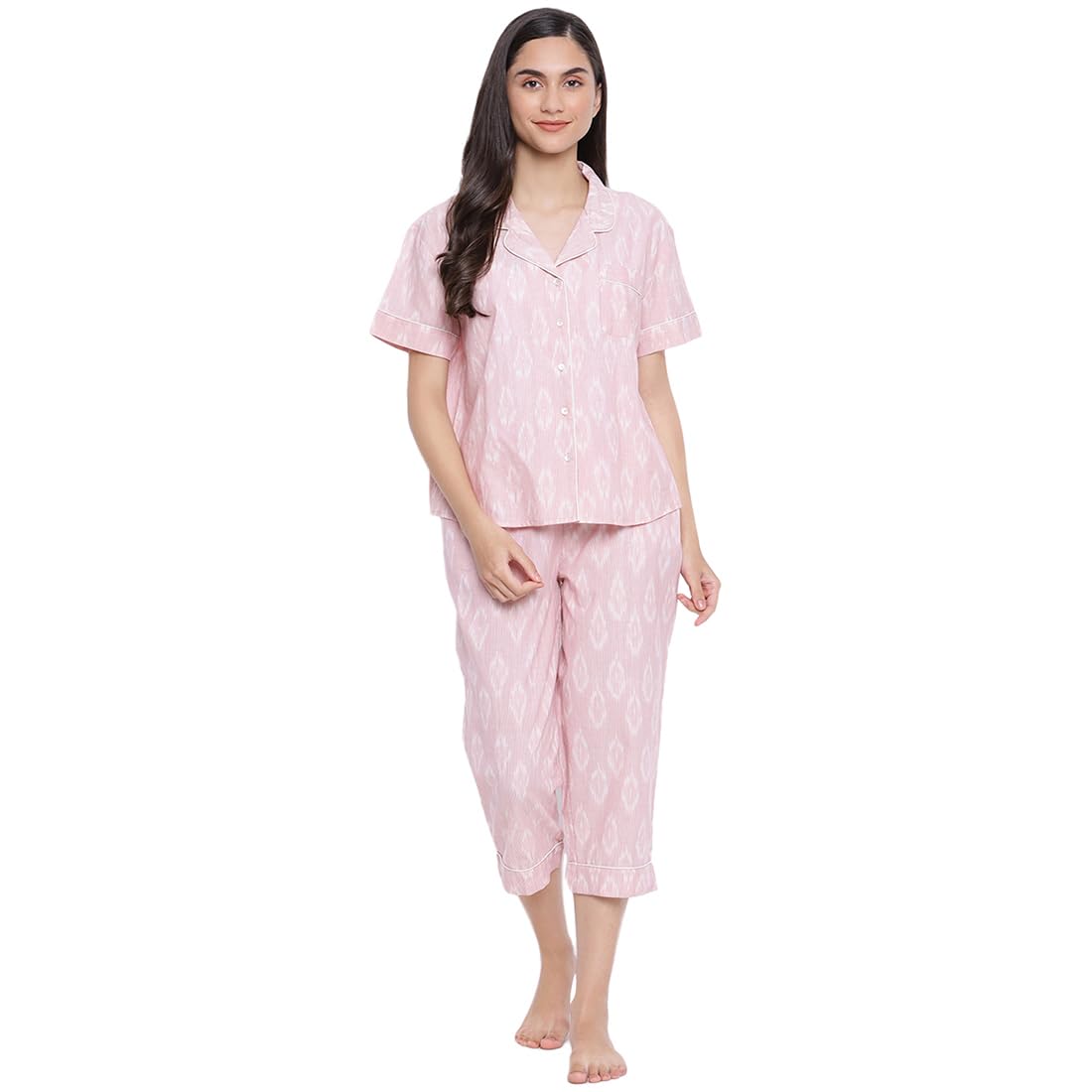 Fabindia WomenS Cotton Mid Thigh Length Casual Regular Night Suit Set (102417101_Pink_S)