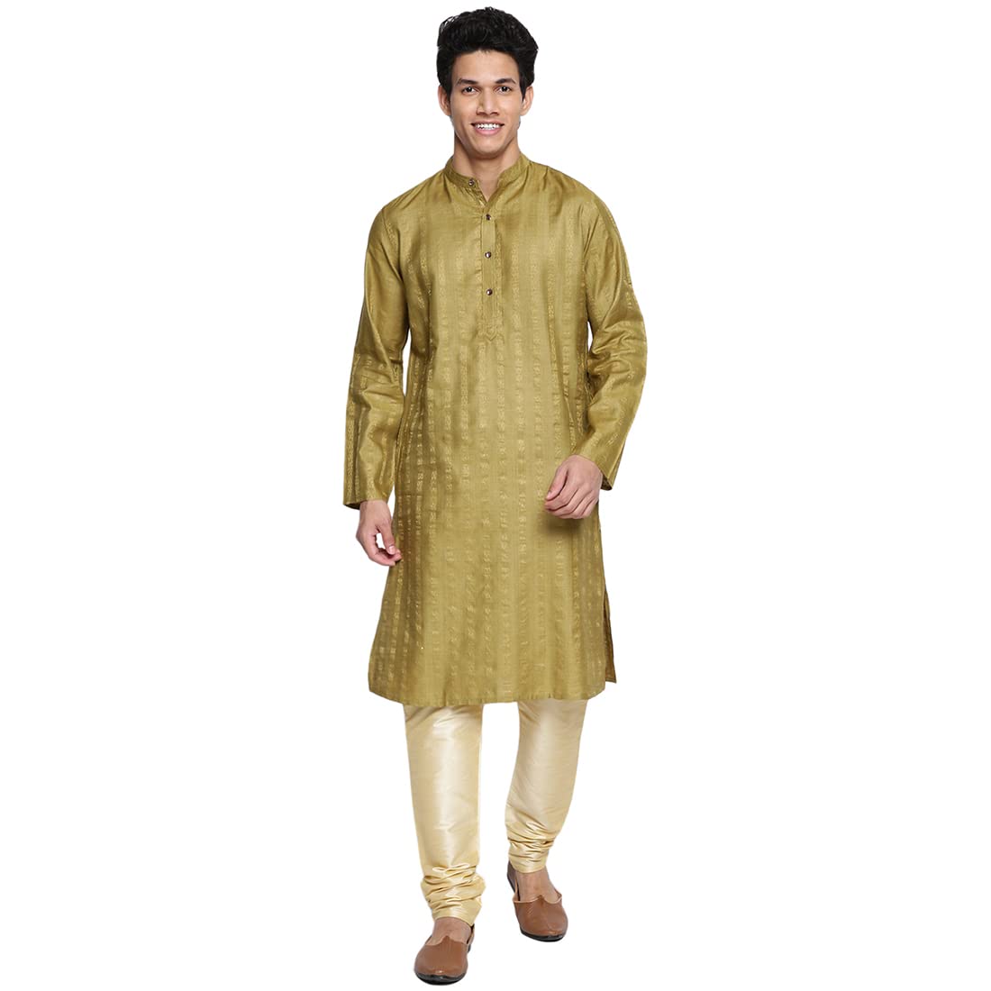 Fabindia MenS Silk Blend Dobby Slim Kurta (102716802_Green