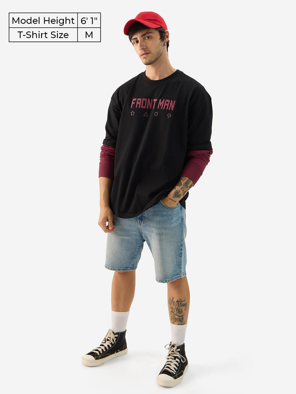 The Souled Store Official Squid Game: Front Man Men and Boys Round Neck Black Graphic Printed Cotton Oversized Full Sleeve T-Shi