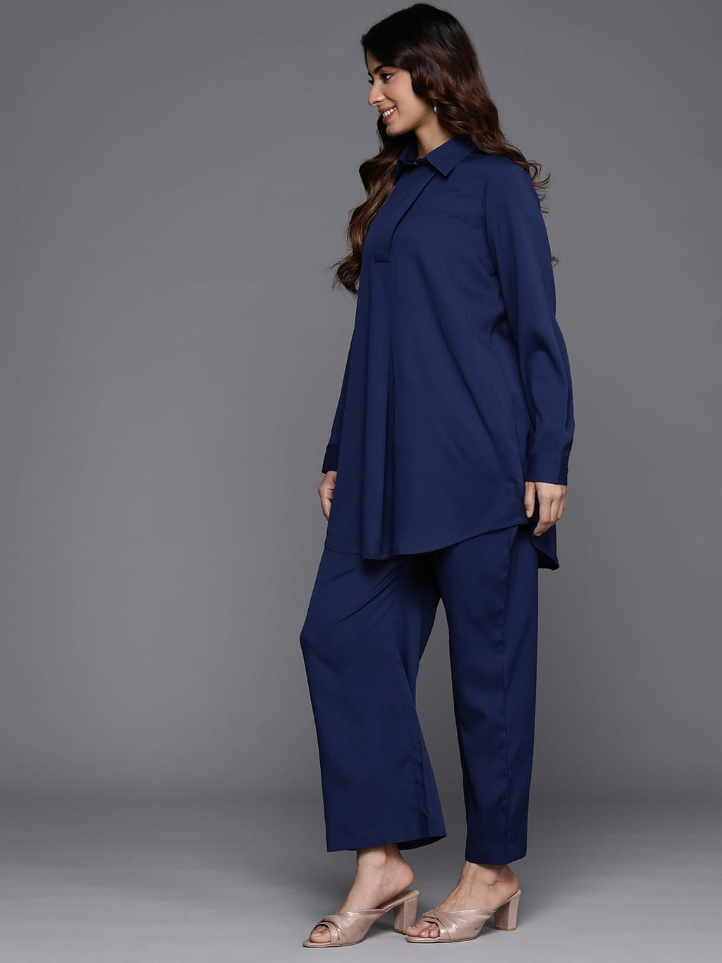 Varanga Women Blue Shirt Collar Co-Ord Set