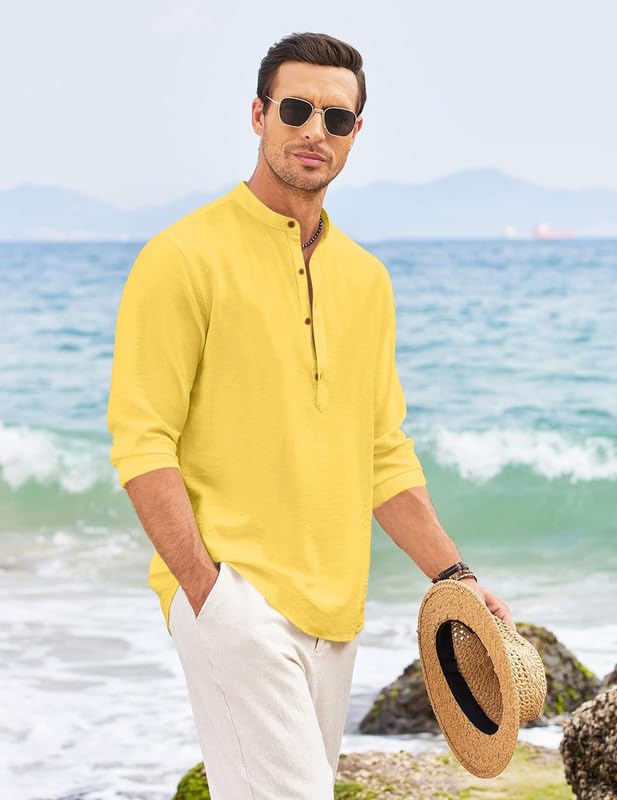 ROYALSCOUT Mens Regular Fit Solid Cotton Blend Straight Short Kurta | Full Sleeves Kurta Yellow