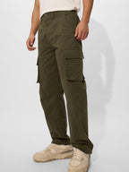 The Souled Store Solids: Olive Green Blue Men and Boys Camo Print Regular Fit 100% Cotton Cargo Pants - Lightweight Hiking Jogge