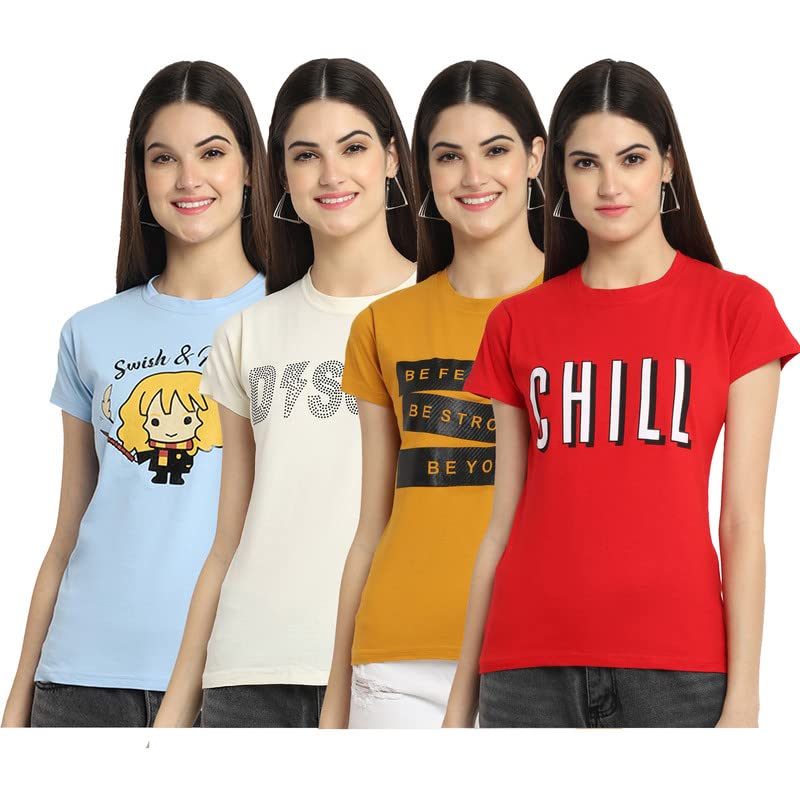 Preneum Womens Cotton Regular Fit Latest Graphic Stylish Printed Short Sleeves Casual T-Shirt || Latest Style (Pack 4), Blue & 