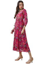 Soch Womens Fuchsia Chinon Floral Print Gathered Dress With Mirror Work