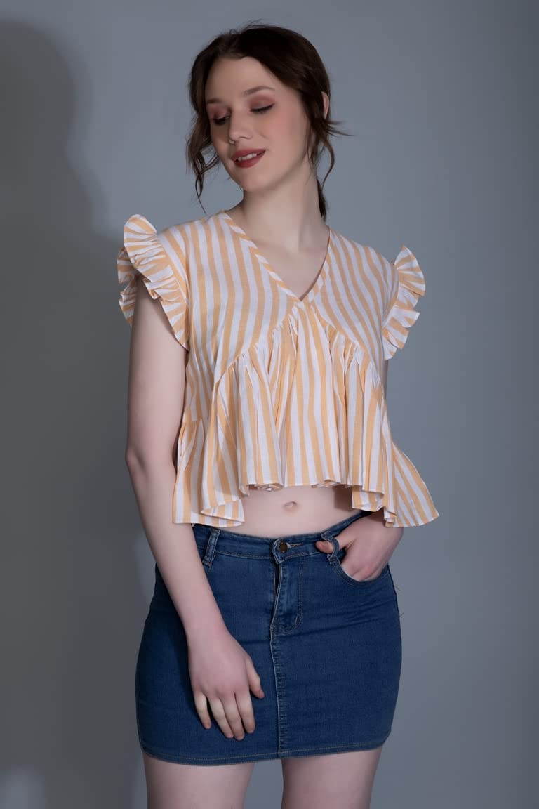 Leriya Fashion WomenS Western Crop Tops | Fancy Stripped With Ruffle Sleeves | Button Down Lightweight Cotton For Girls | Suita
