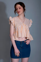 Leriya Fashion WomenS Western Crop Tops | Fancy Stripped With Ruffle Sleeves | Button Down Lightweight Cotton For Girls | Suita