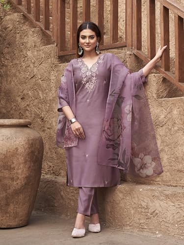 Womanista WomenS Silk Blend Solid Straight Embroidered Kurta Set (Kurtaset_1394_Mauve