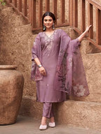 Womanista WomenS Silk Blend Solid Straight Embroidered Kurta Set (Kurtaset_1394_Mauve