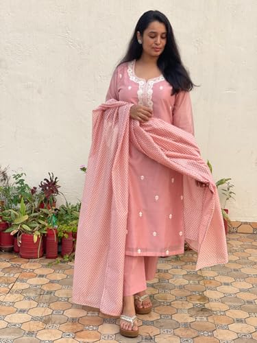 ANNI DESIGNER Womens Cotton Blend Straight Embroidered Kurta with Pant & Dupatta (YEAREND Pink_M_Pink_Medium)