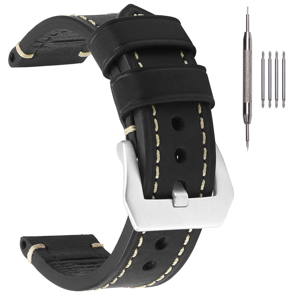 EACHE Black Leather Watch Band, Crazy Horse Genuine Leather Watchbands 22mm Watch Bands,Silver Hardware