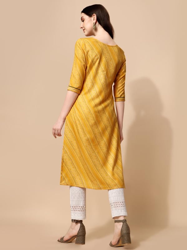 Nainvish Women'S Cotton Blend Straight Round Neck Printed Kurta (Sd414_K-S._Yellow)