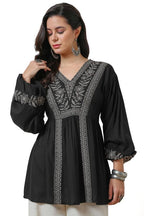 Soch Womens Black Floral Embroidered Rayon Tunic With Cuff Sleeves