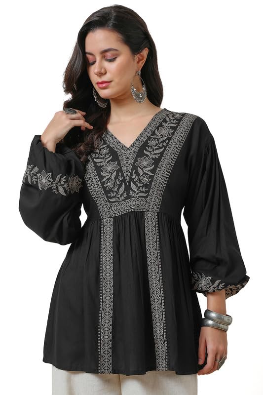 Soch Womens Black Floral Embroidered Rayon Tunic With Cuff Sleeves