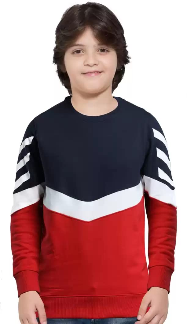 Maniac Boys Colorblock Full Sleeve Round Neck Navy and White Cotton Slim Fit Sweatshirt 13-14
