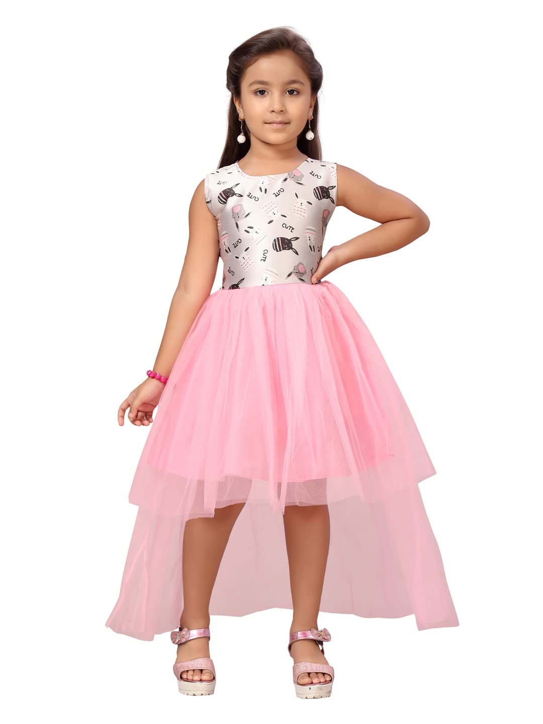 Aarika Girls Nylon Skater Knee-Length Dress (FK-A-22157_Pink_28)