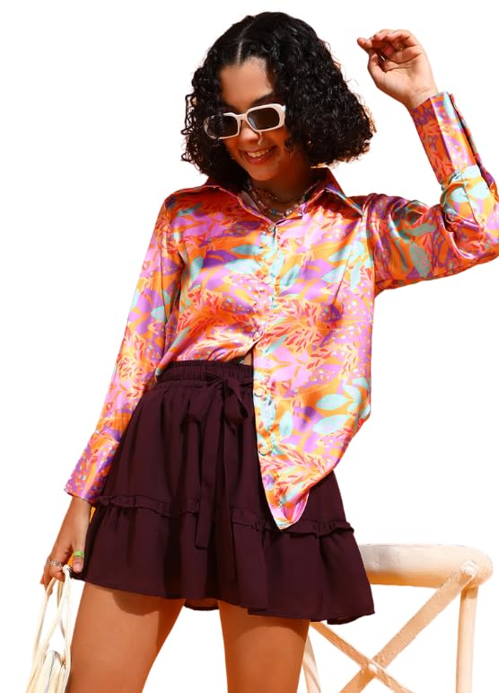 POPWINGS Printed Full-Sleeves Regular-Fit Satin Printed Shirt for Women Stylish Western Casual Wear