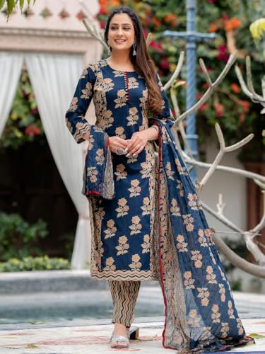 ANNI DESIGNER Womens Rayon Blend Straight Printed Kurta with Pant & Dupatta (Alaya Navy Blue_M_Navy Blue_Medium)