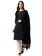 Fashion Basket Women Cotton Striped Printed Kurta Set With Pant & Dupatta (Medium, Black)
