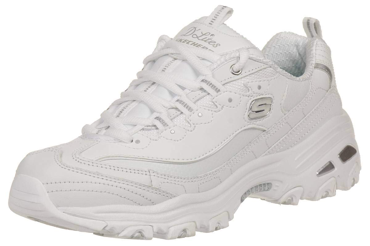 Skechers Women's D'Lites Memory Foam Lace-up Sneaker,White Silver,7 M US