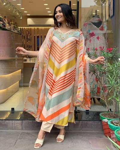 ANNI DESIGNER Womens Cotton Blend Straight Printed Kurta with Pant & Dupatta (Dhimi Cream-NW_XL_Cream_X-Large)